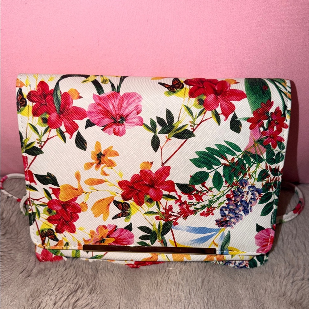 Floral Print White Crossbody Bag with Gold Trim